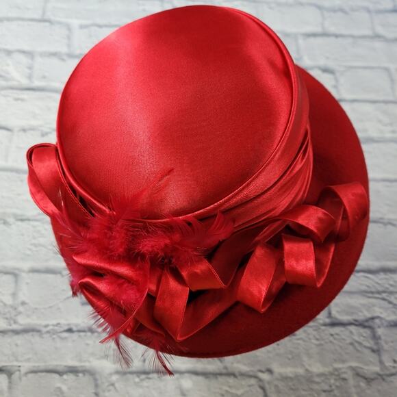 Red Wool Ladies Hat with Ribbon Trim & Feathers - Picture 4 of 16